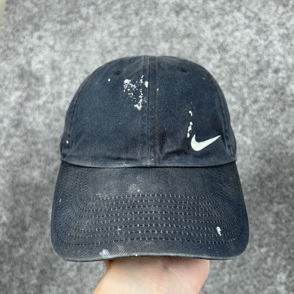 Vintage Nike Hat Cap Strap Back Paint Faded Distressed Black Swoosh 90s Grunge